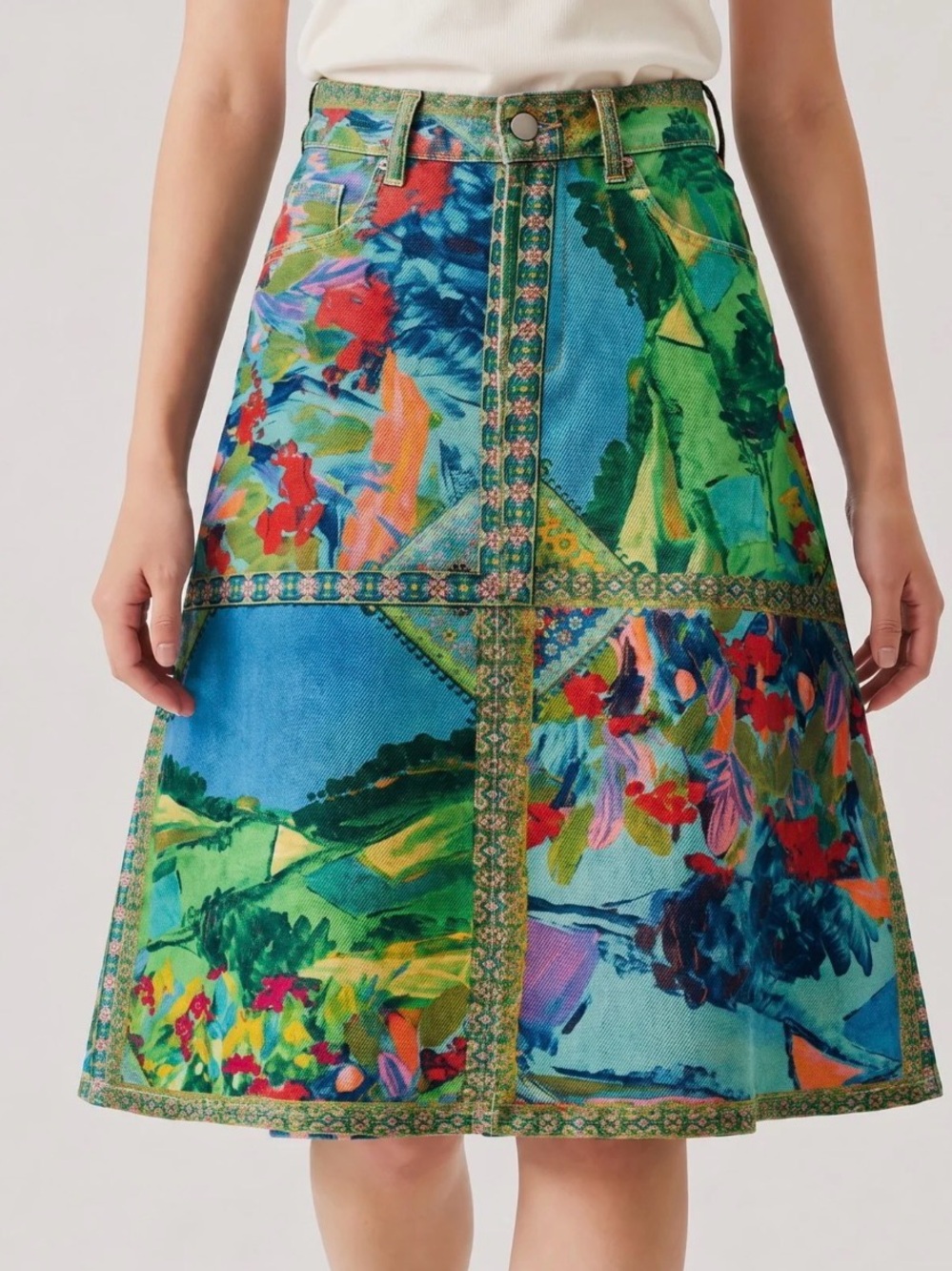 NEW Roanbloom Vibrant Green Floral Patchwork A-Line Skirt